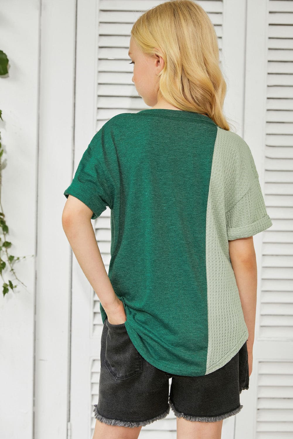 Green Girls Patchwork Short Sleeve Waffle Knit Top store1app