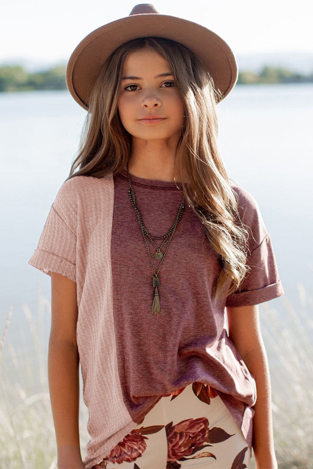 Green Girls Patchwork Short Sleeve Waffle Knit Top store1app
