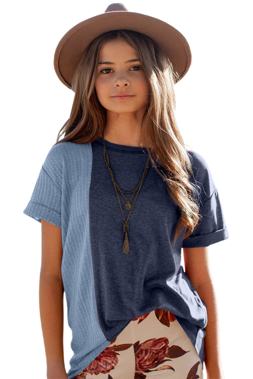 Green Girls Patchwork Short Sleeve Waffle Knit Top store1app