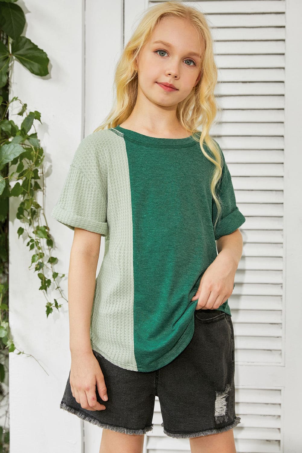 Green Girls Patchwork Short Sleeve Waffle Knit Top store1app