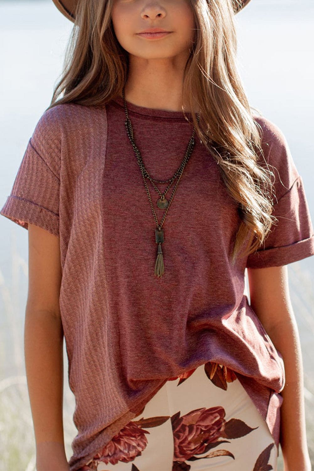 Green Girls Patchwork Short Sleeve Waffle Knit Top store1app