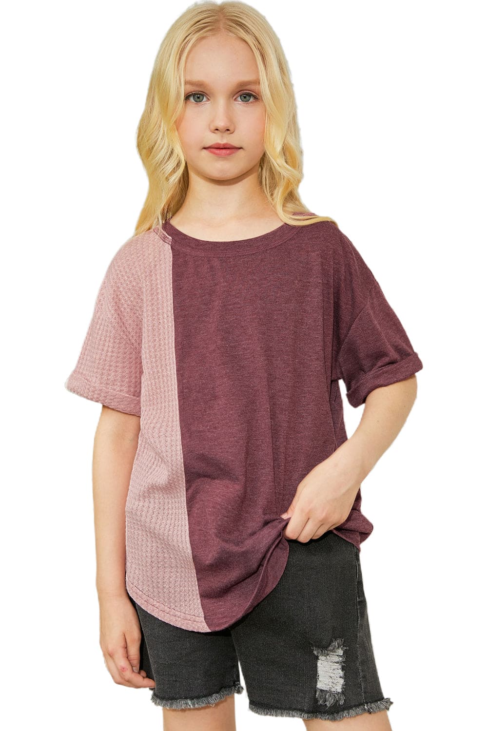 Green Girls Patchwork Short Sleeve Waffle Knit Top store1app