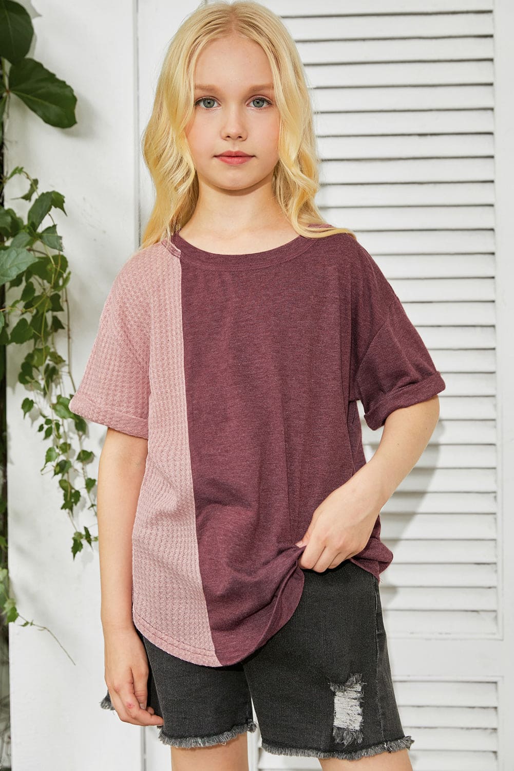 Green Girls Patchwork Short Sleeve Waffle Knit Top store1app