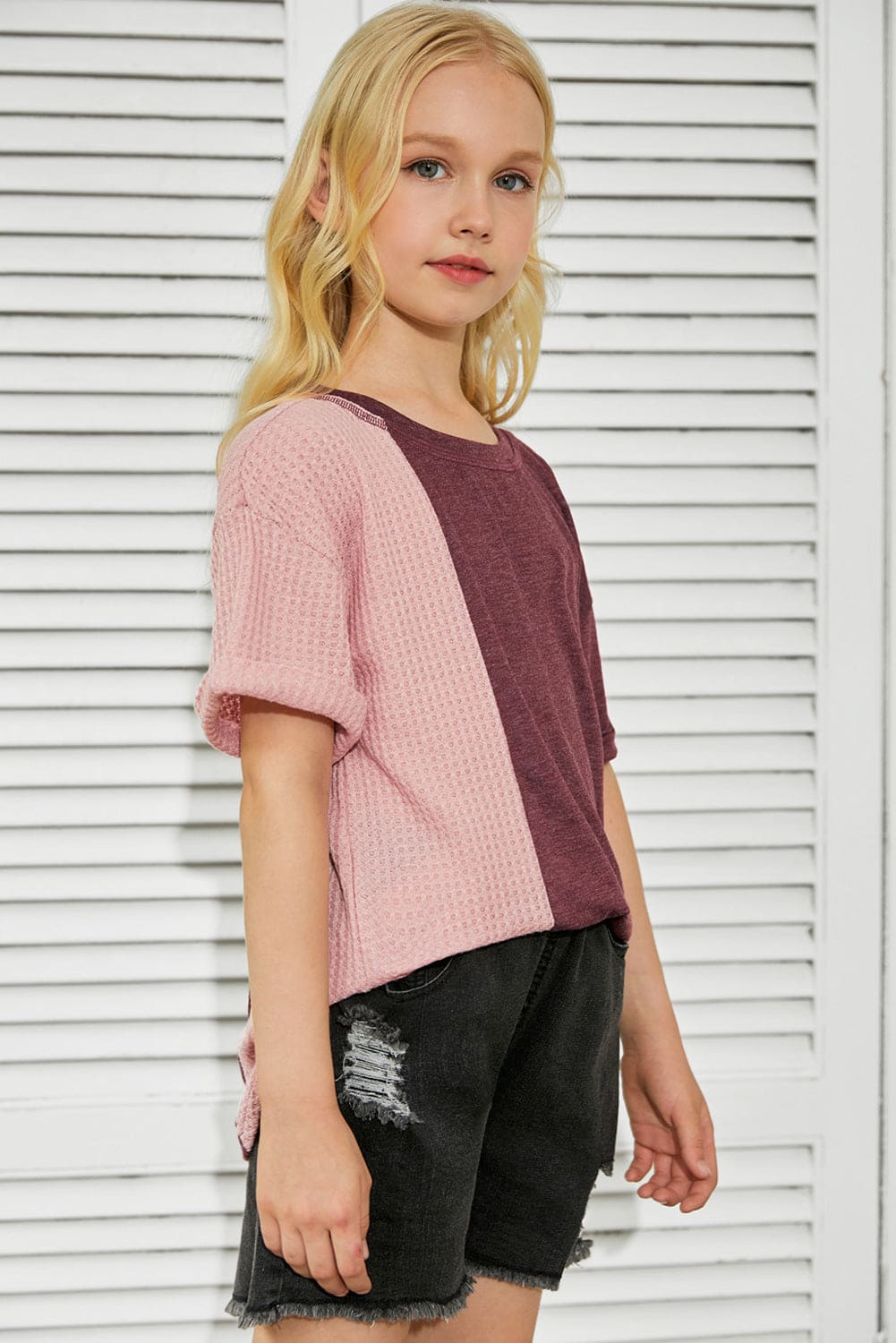 Green Girls Patchwork Short Sleeve Waffle Knit Top store1app