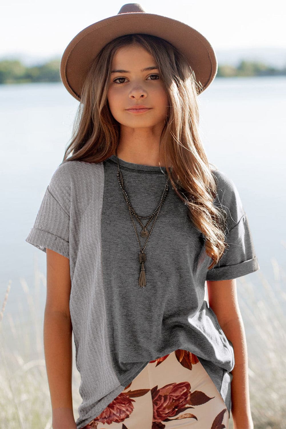 Green Girls Patchwork Short Sleeve Waffle Knit Top store1app