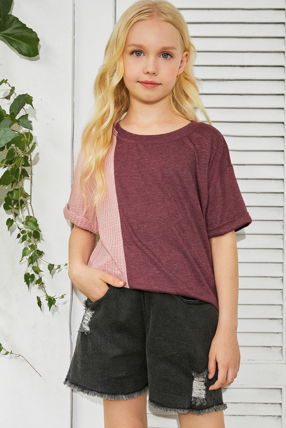 Green Girls Patchwork Short Sleeve Waffle Knit Top store1app