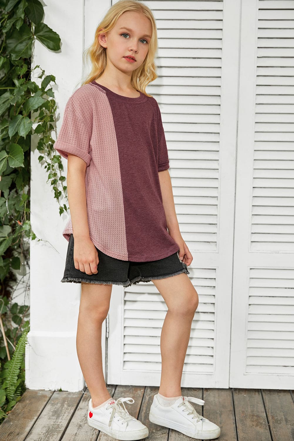 Green Girls Patchwork Short Sleeve Waffle Knit Top store1app