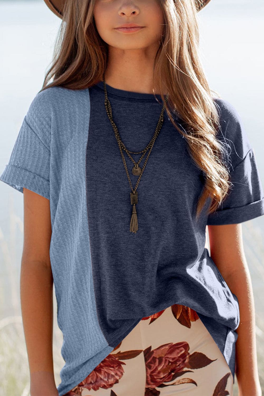 Green Girls Patchwork Short Sleeve Waffle Knit Top store1app