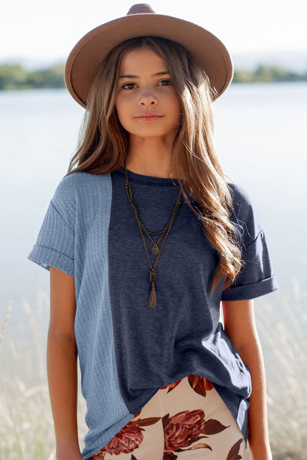 Green Girls Patchwork Short Sleeve Waffle Knit Top store1app