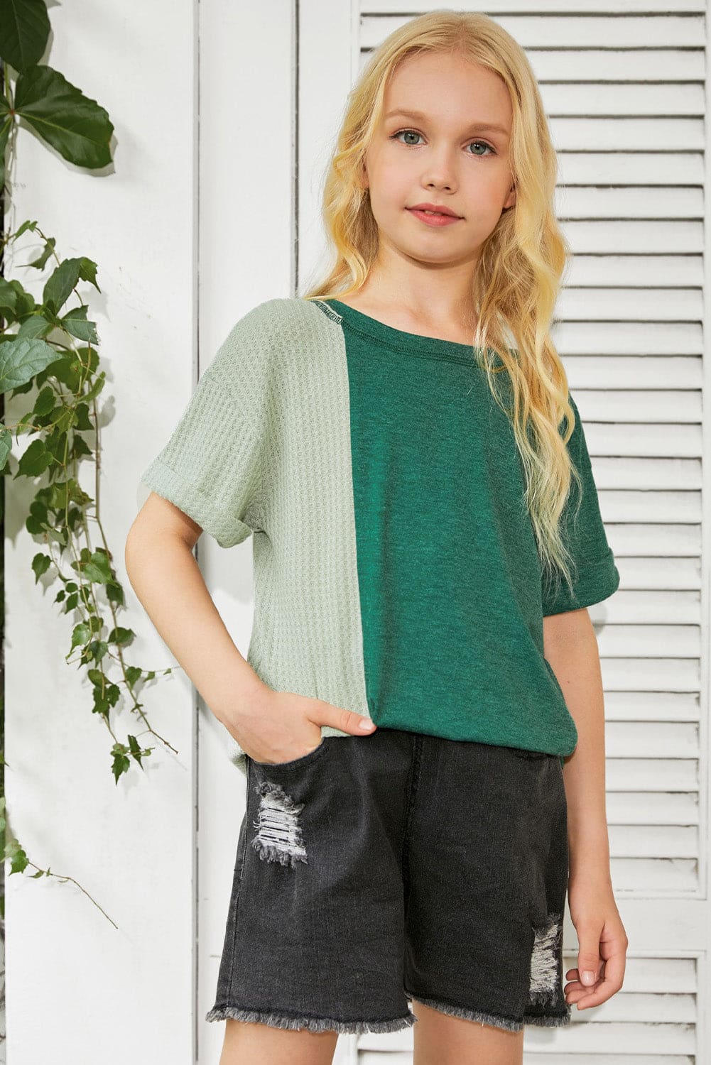 Green Girls Patchwork Short Sleeve Waffle Knit Top store1app