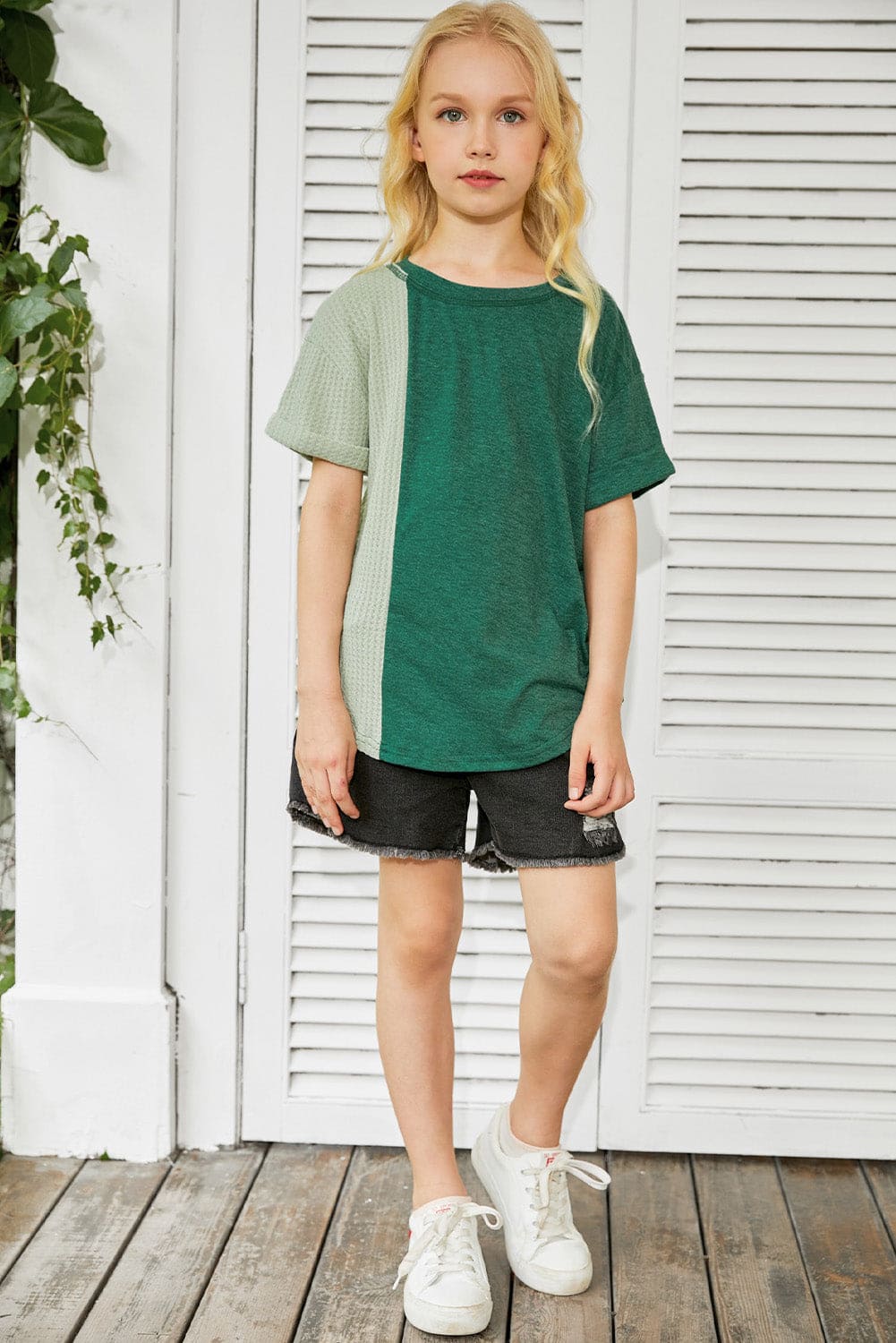 Green Girls Patchwork Short Sleeve Waffle Knit Top store1app