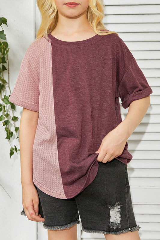 Green Girls Patchwork Short Sleeve Waffle Knit Top store1app