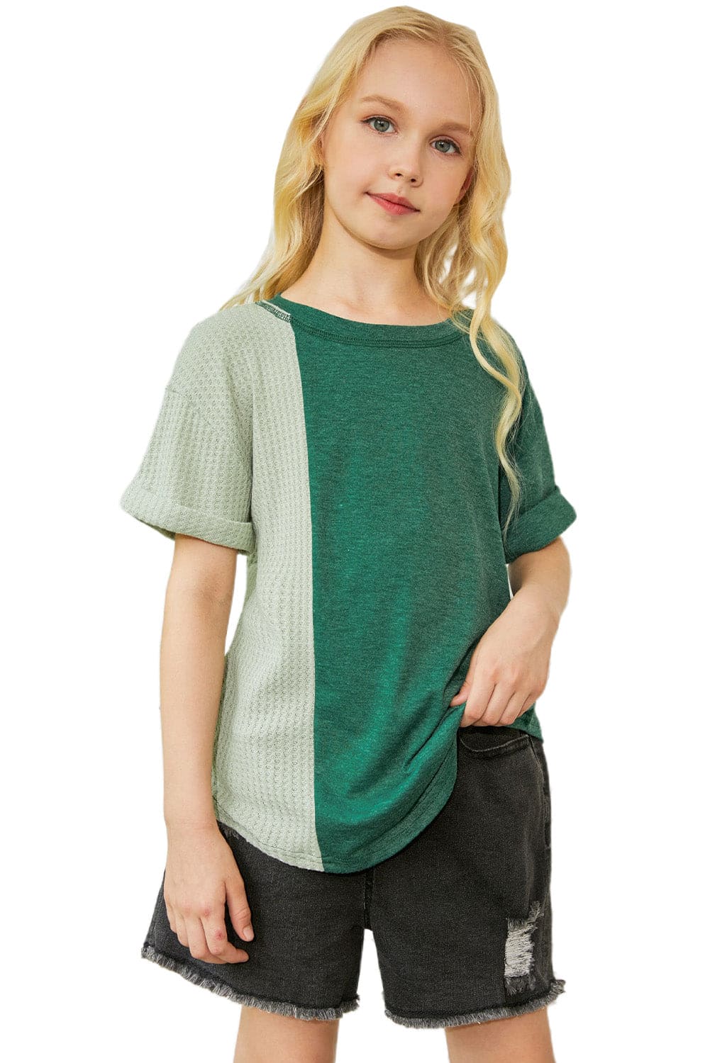 Green Girls Patchwork Short Sleeve Waffle Knit Top store1app