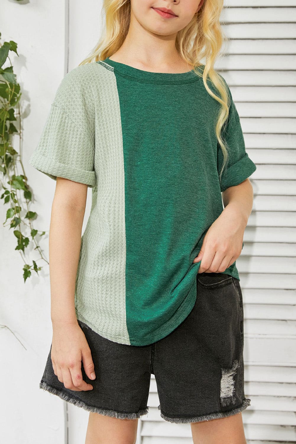 Green Girls Patchwork Short Sleeve Waffle Knit Top store1app